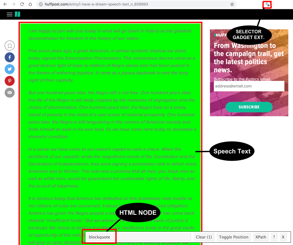 Screenshot of how to use Selector Gadget extension in Chrome